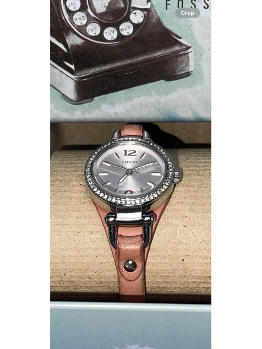 Fossil ES3172 Women Watch Georgia Pink Leather Band Crystal Bezel w Tin Box